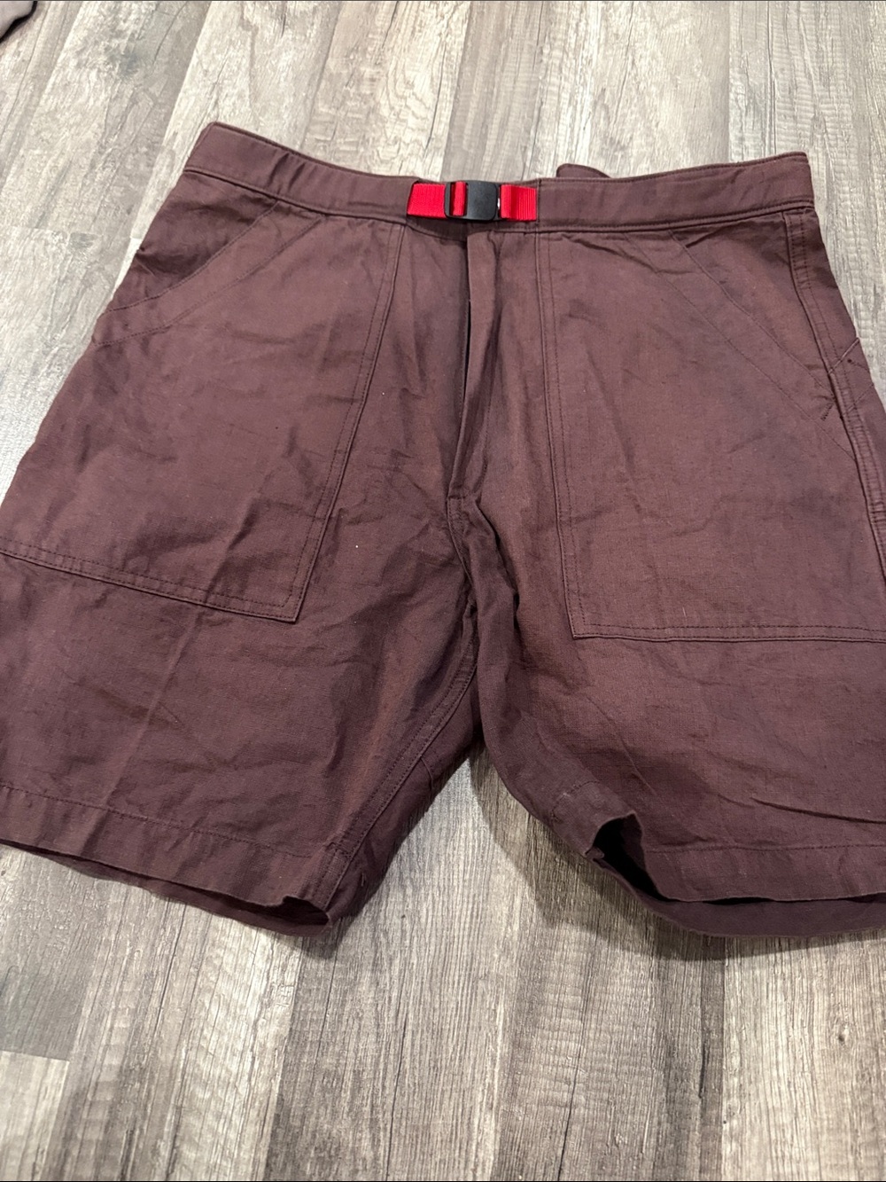Topo Designs Dark Brown Men's Hybrid Shorts with Red Webbing Belt